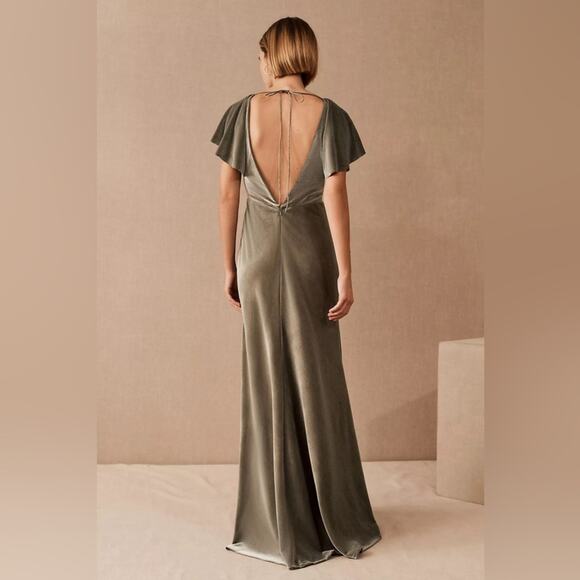 Jenny Yoo Anthro BHLDN Ellis Flutter-Sleeve Open-Back Velvet Gown Green Sz 10 - Picture 4 of 14